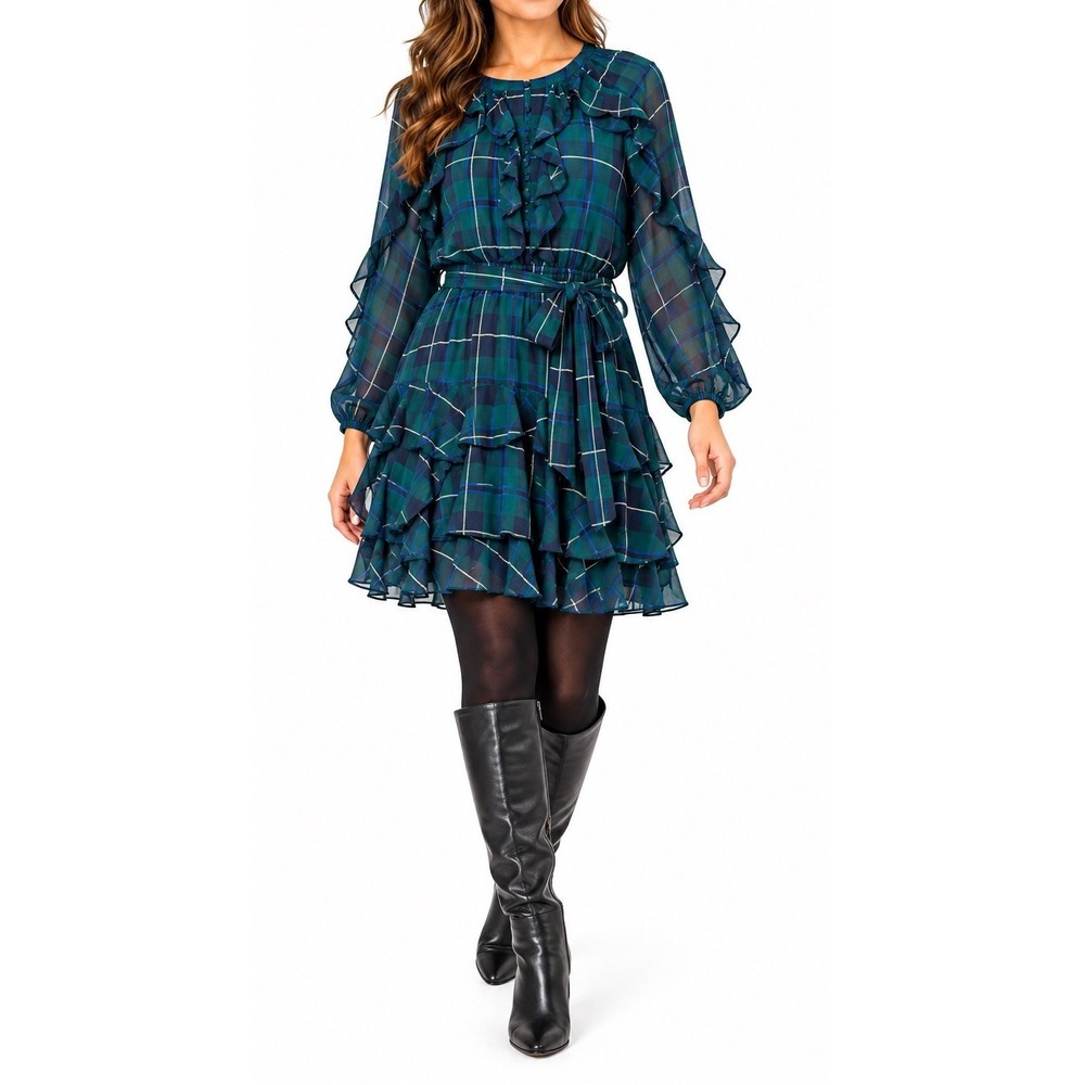 Lauren Ralph Lauren Woman Plaid Ruffle Georgette Tiered Dress 16W NWT